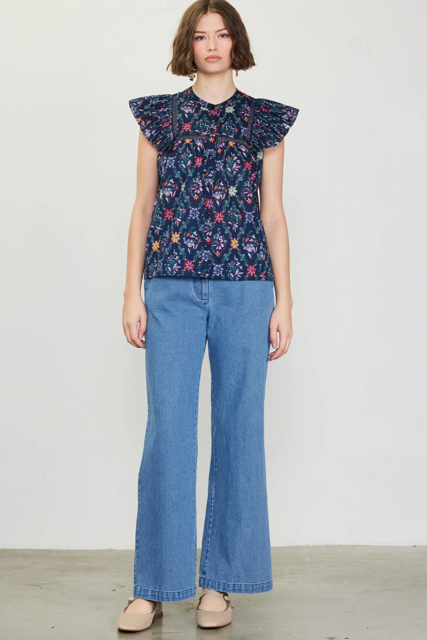 Amelia Floral Print Ruffle Sleeve Top