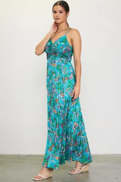 Ariel Tropical Print Pleated Maxi Dress