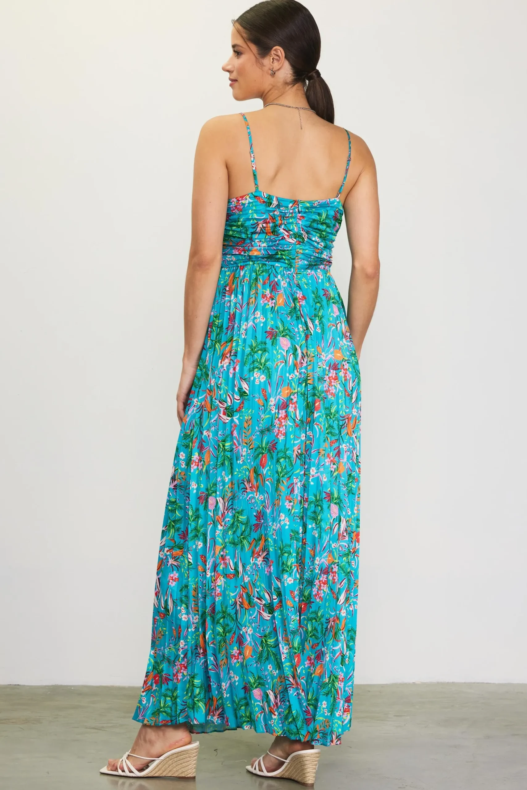 Ariel Tropical Print Pleated Maxi Dress
