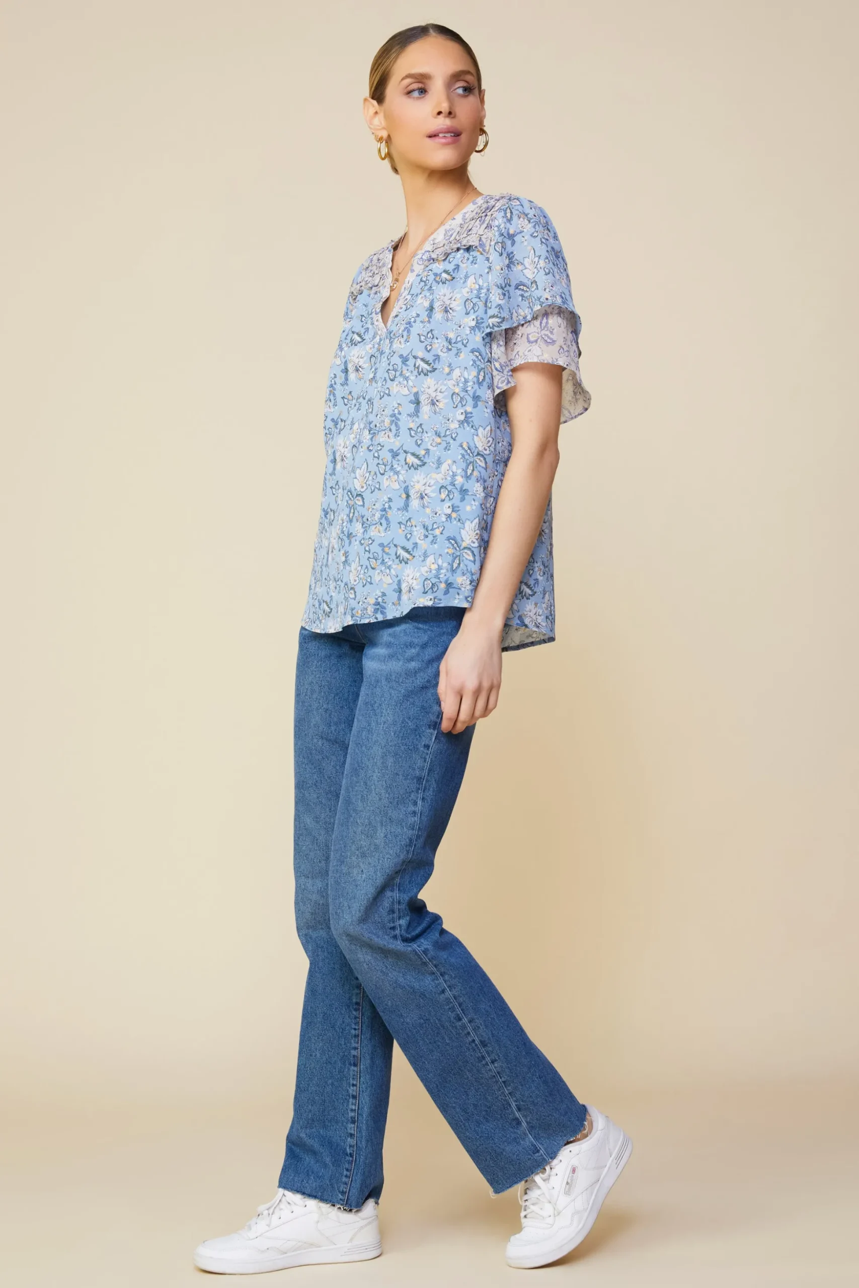 Aster Print Ruffled Detail Contrast Top