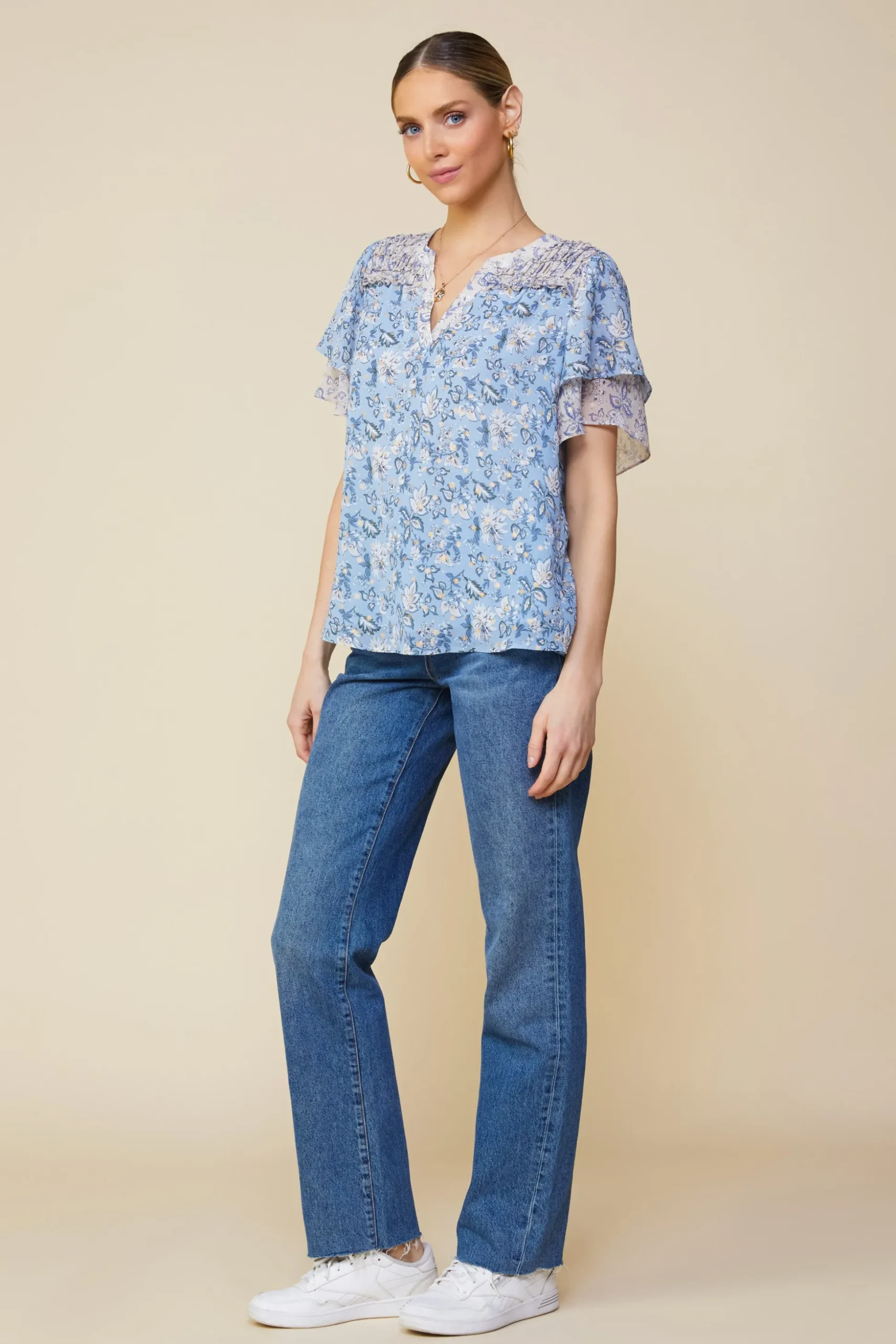 Aster Print Ruffled Detail Contrast Top