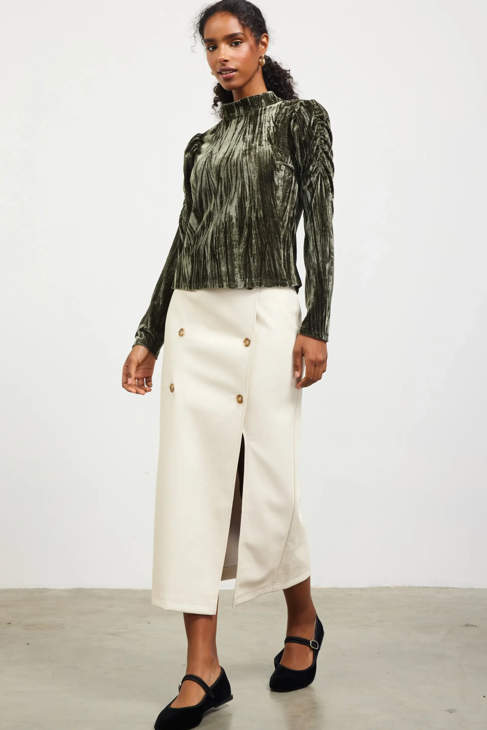 Crinkled Velvet Mock Neck Top