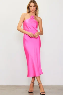 Detachable Rosette Metallic Strap Midi Dress