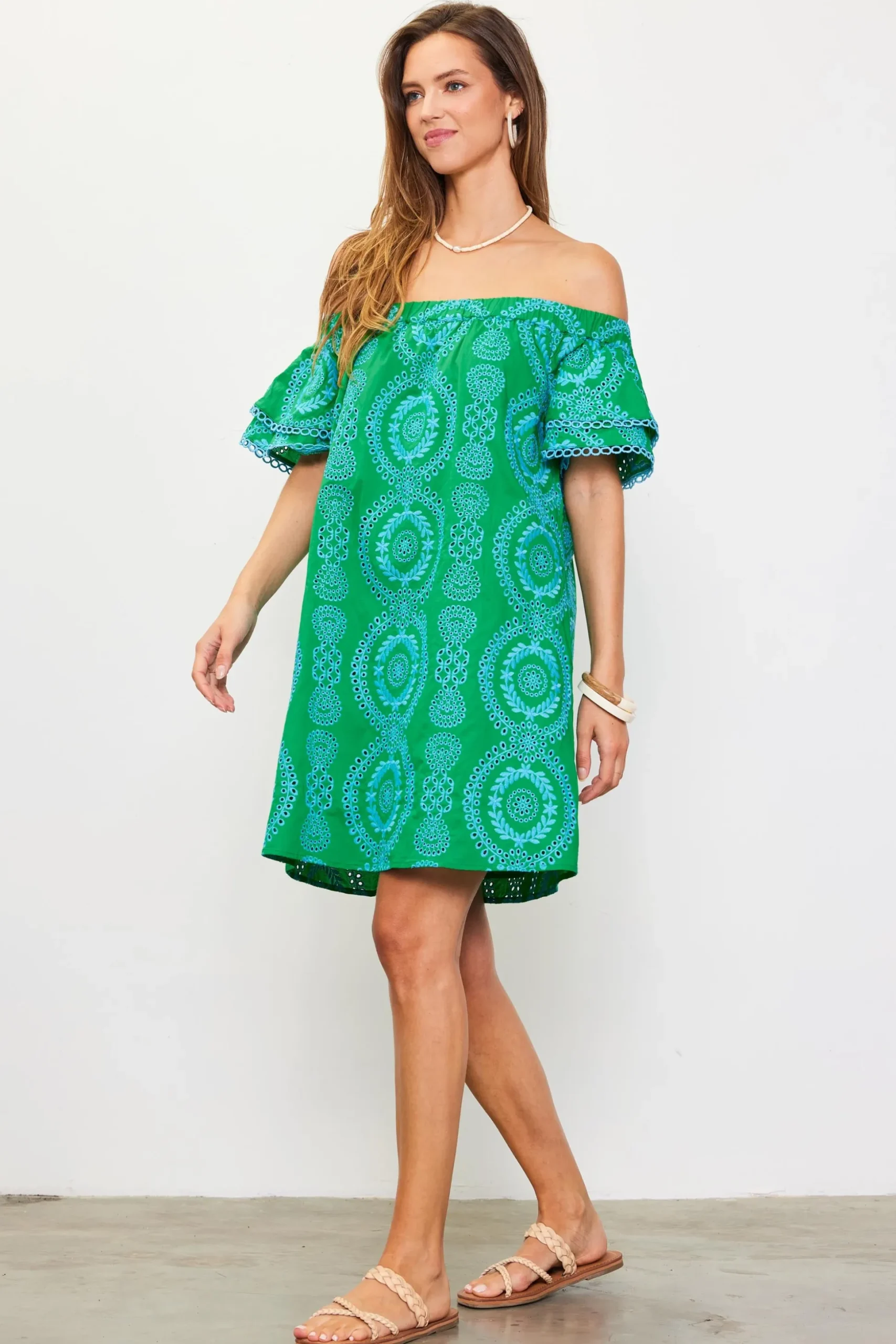 Embroidered Eyelet Off Shoulder Dress