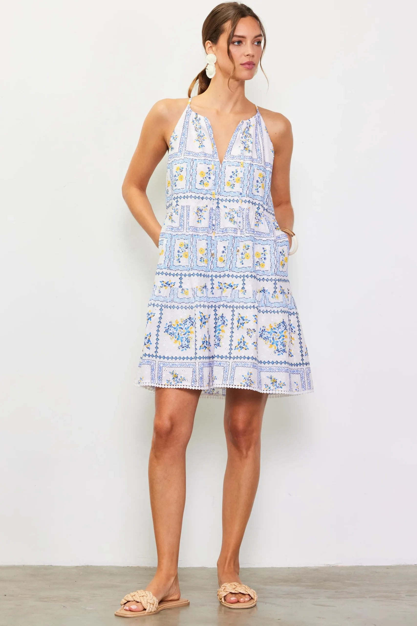 Eyelet Embroidered Print Mini Dress