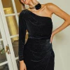 Glitter Dot Velvet One Shoulder Dress