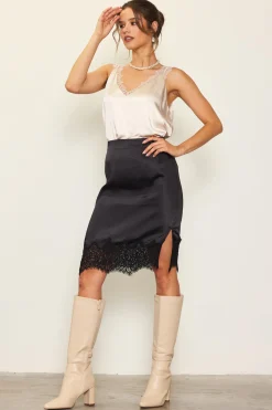 Lace Trim Satin Midi Skirt
