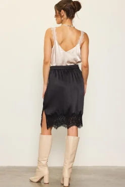 Lace Trim Satin Midi Skirt