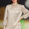 Lurex Shirred Mock Neck Top