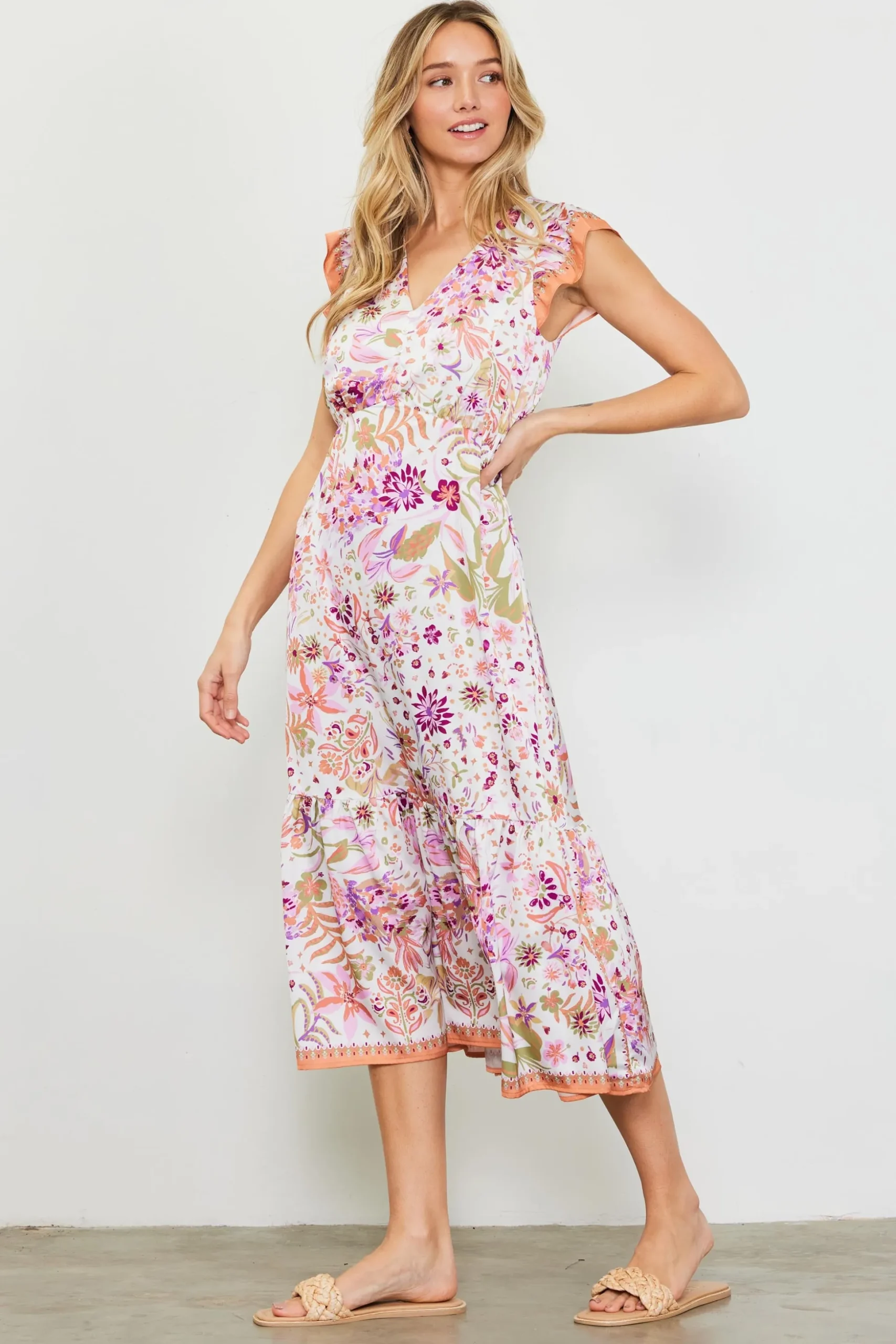 Magnolia Border Print Flutter Sleeve Dress
