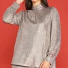 Metallic Foil Print Mock Neck Top