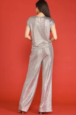 Metallic Foil Print Shirred Waist Top
