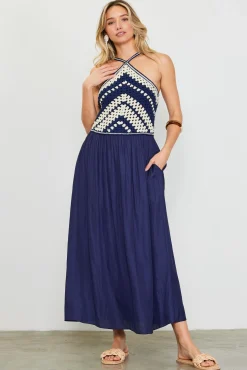 Mixed Media Halter Neck Midi Dress