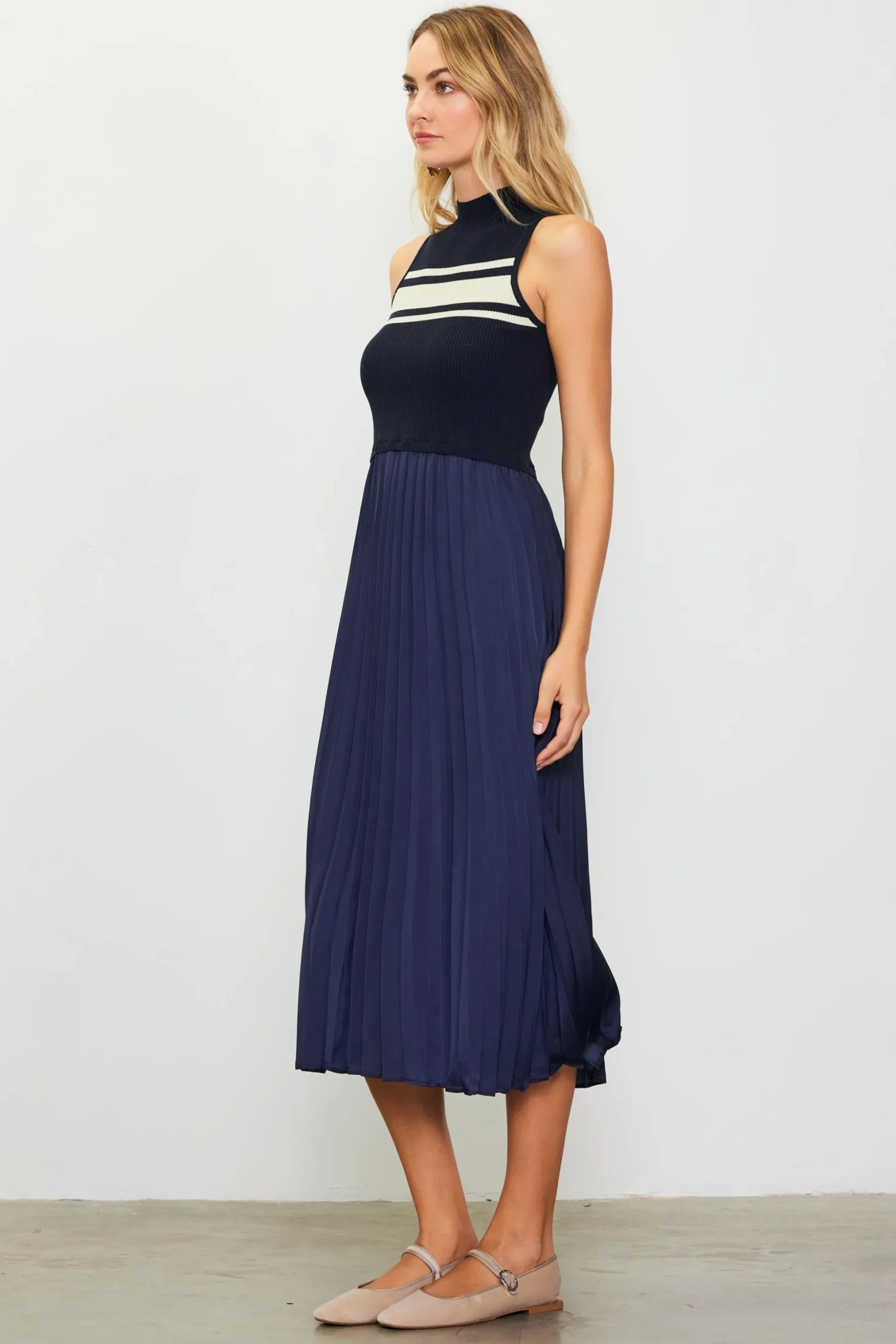 Mixed Media Pleated Midi Dress