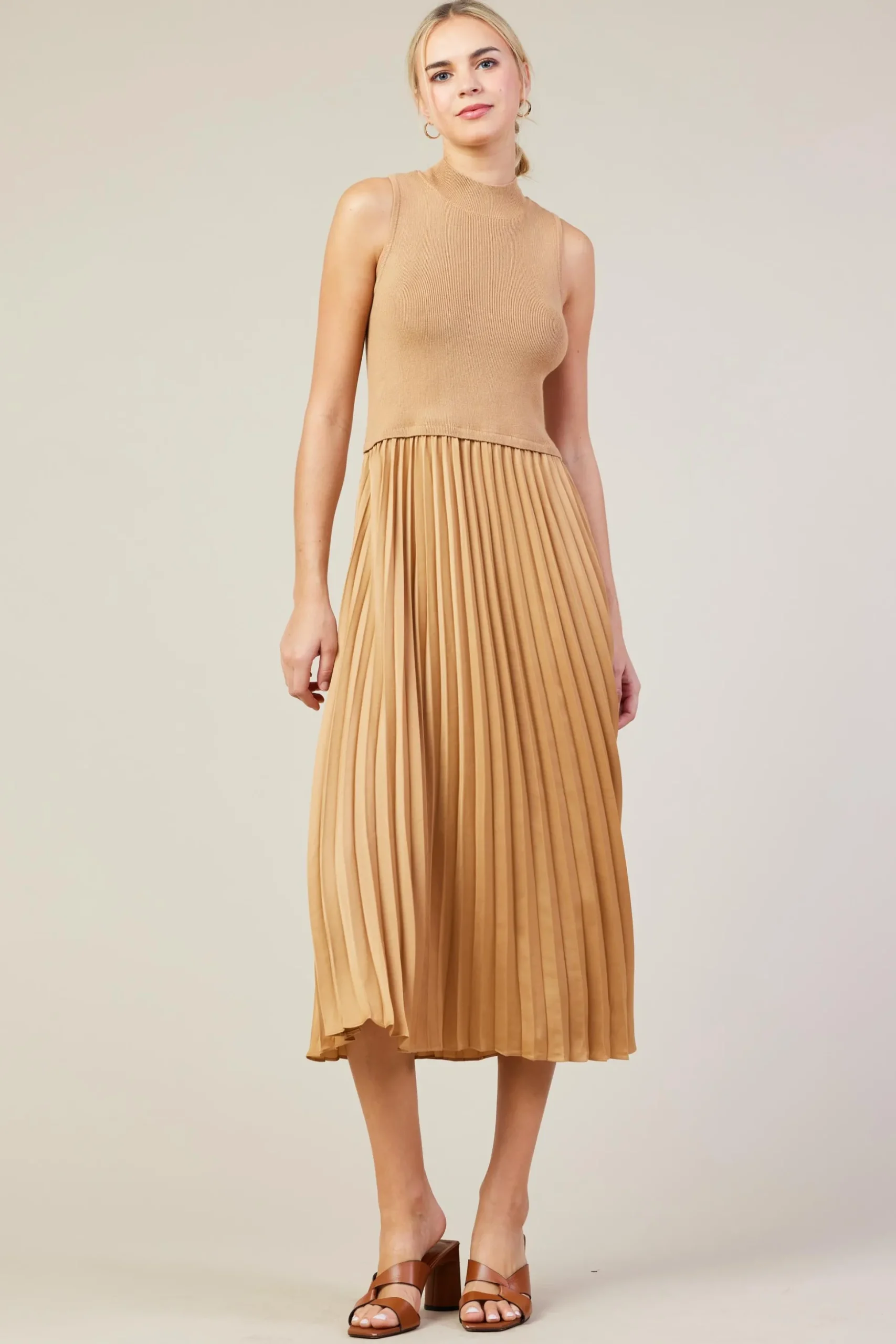 Mixed Media Pleated Midi Dress