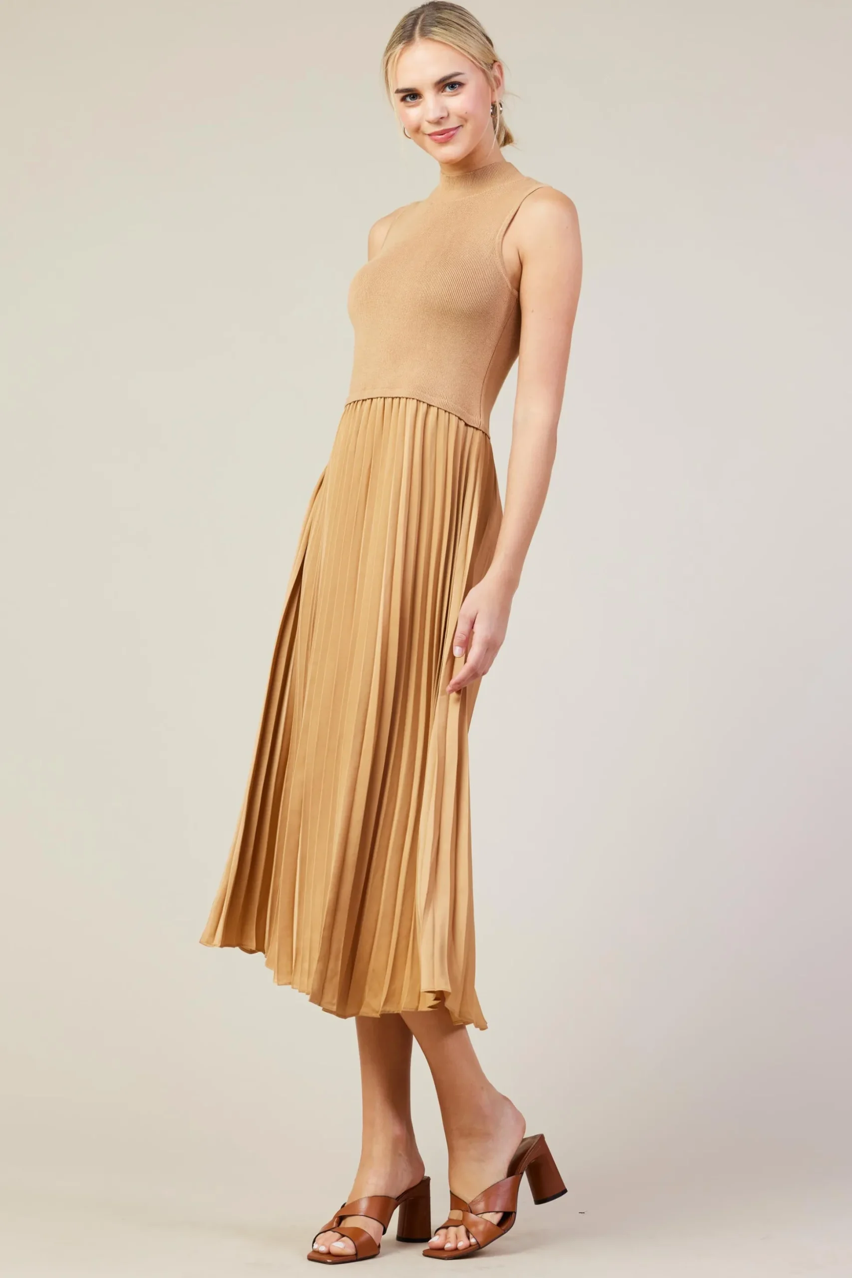 Mixed Media Pleated Midi Dress