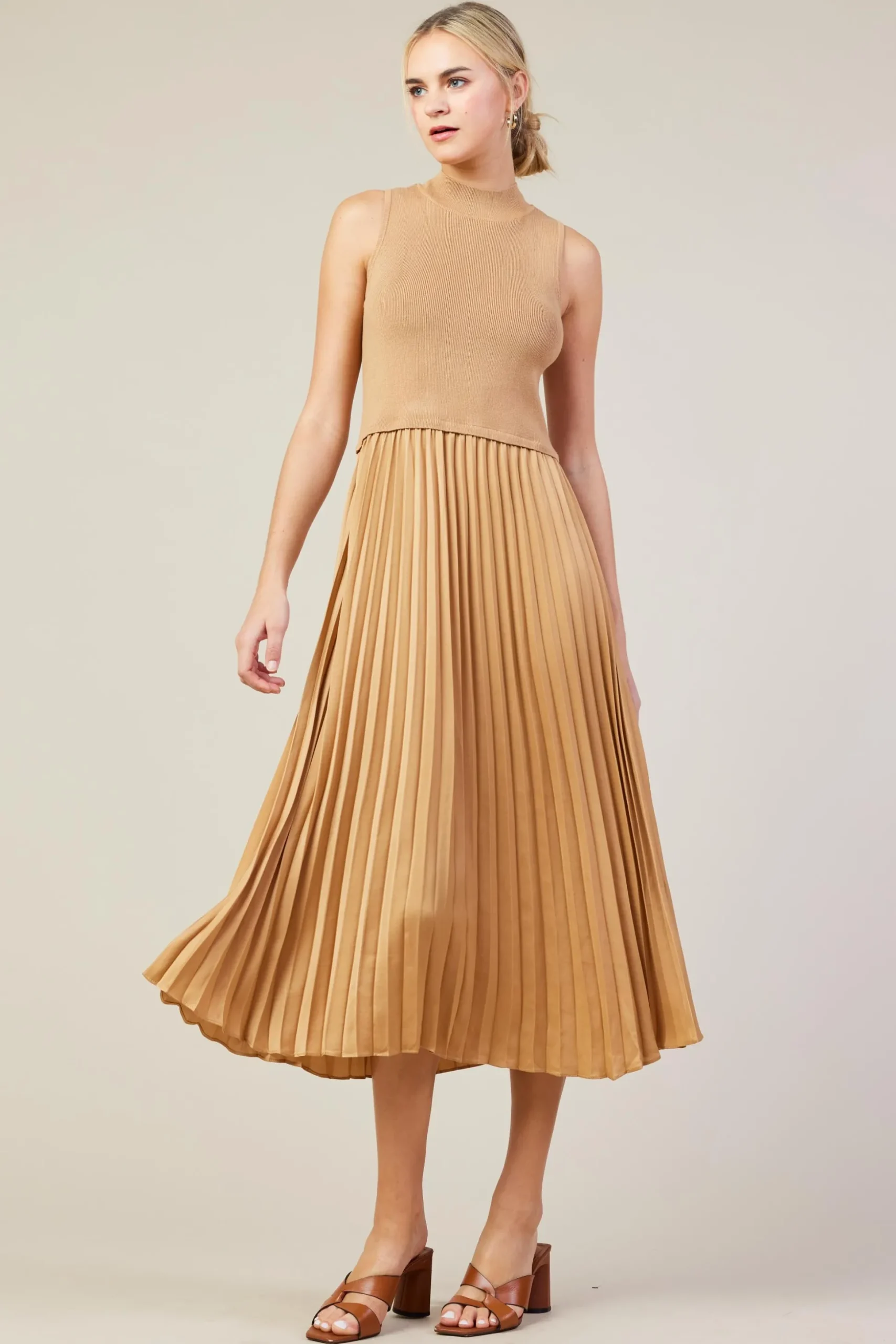 Mixed Media Pleated Midi Dress