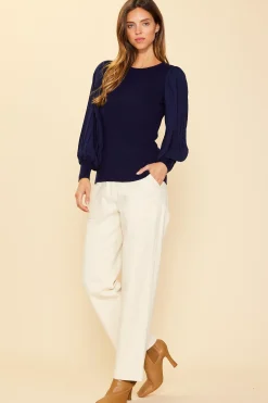 Mixed Media Pleated Sleeve Top