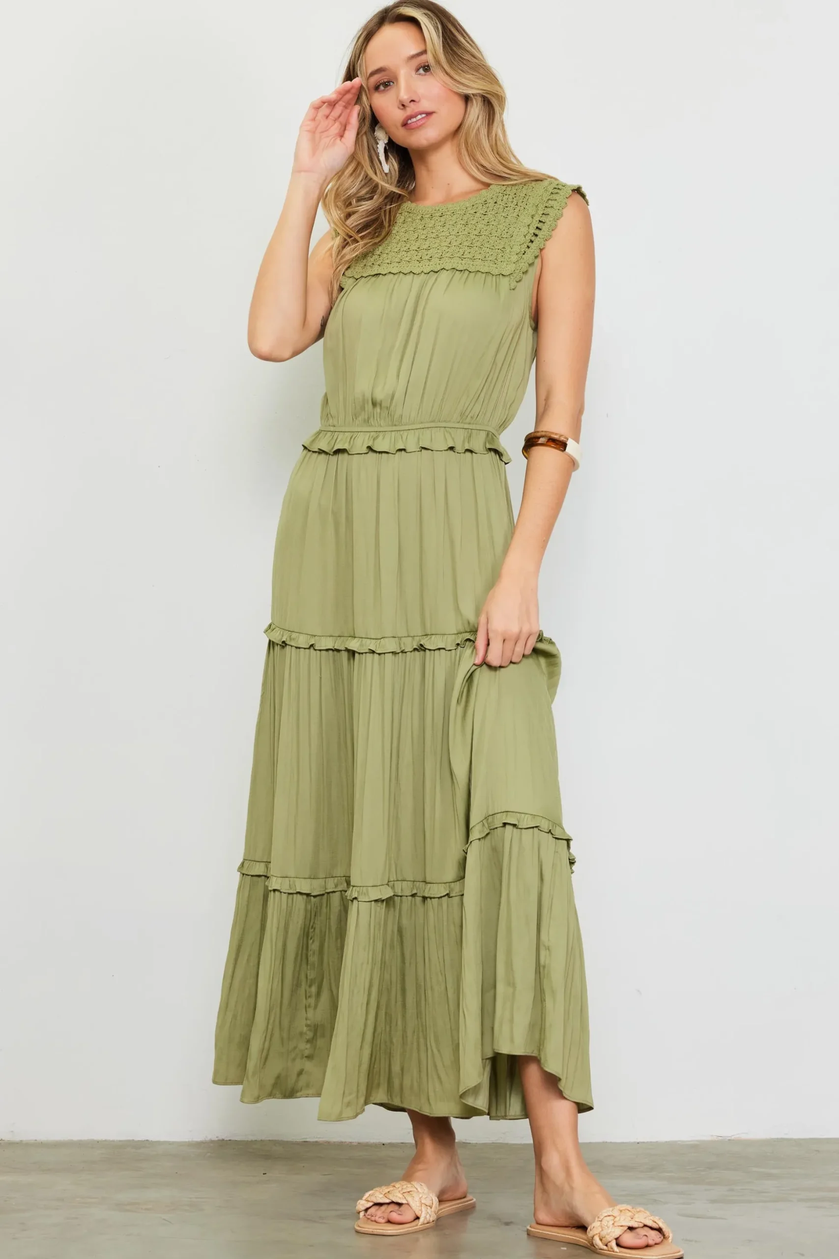 Mixed Media Ruffled Tiered Midi Dress