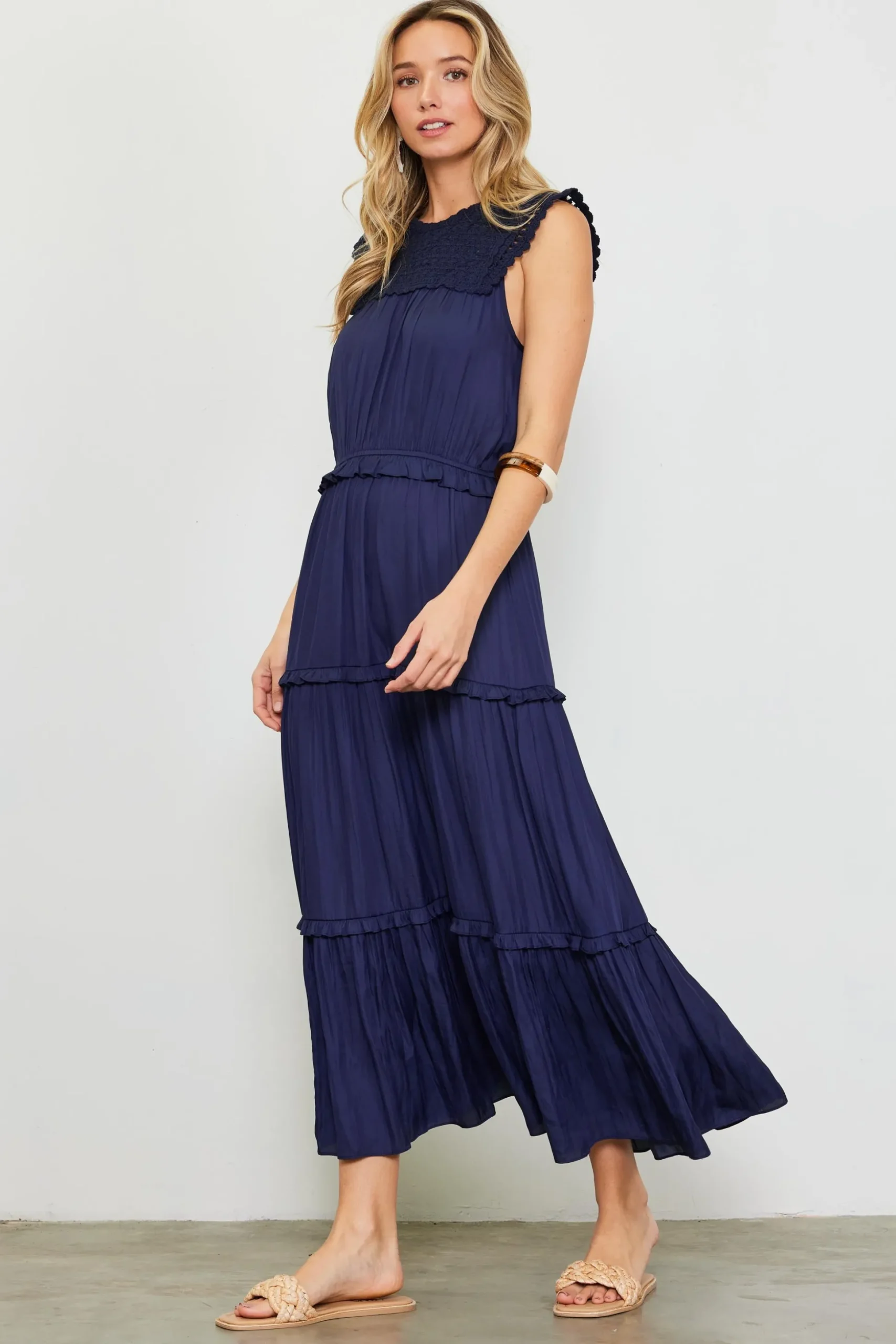 Mixed Media Ruffled Tiered Midi Dress
