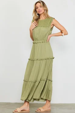 Mixed Media Ruffled Tiered Midi Dress