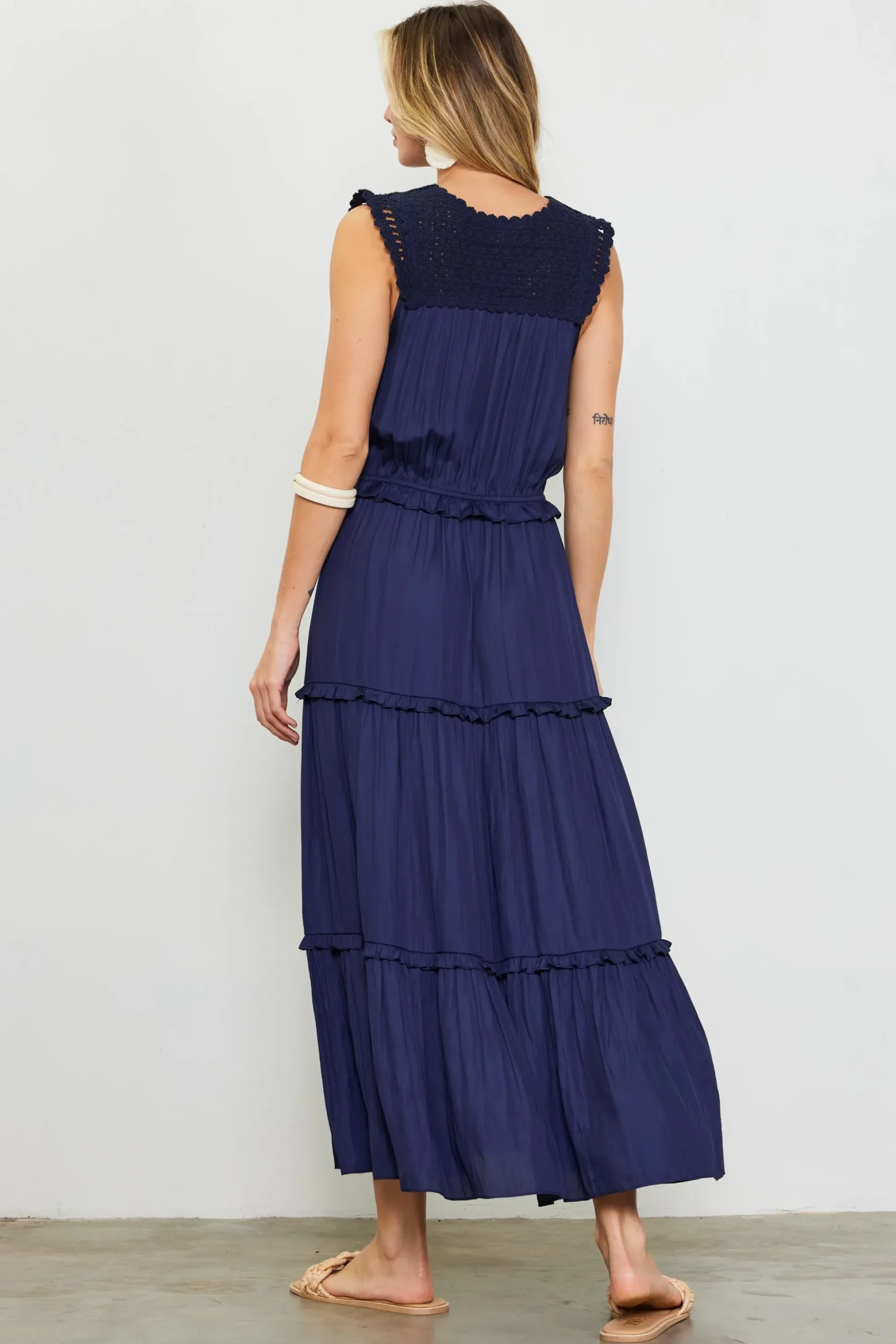 Mixed Media Ruffled Tiered Midi Dress