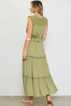 Mixed Media Ruffled Tiered Midi Dress