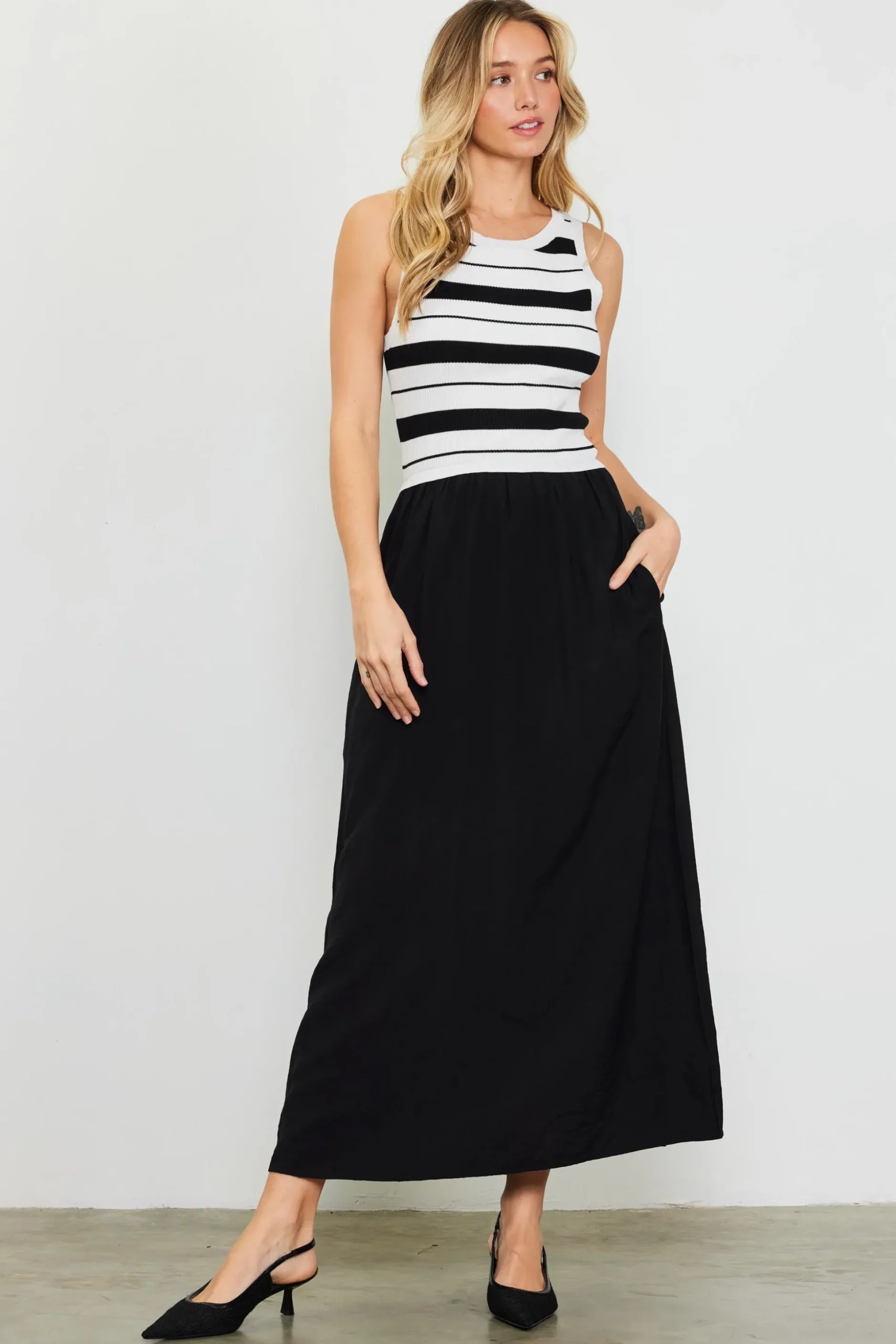 Mixed Media Striped Sleeveless Midi Dress