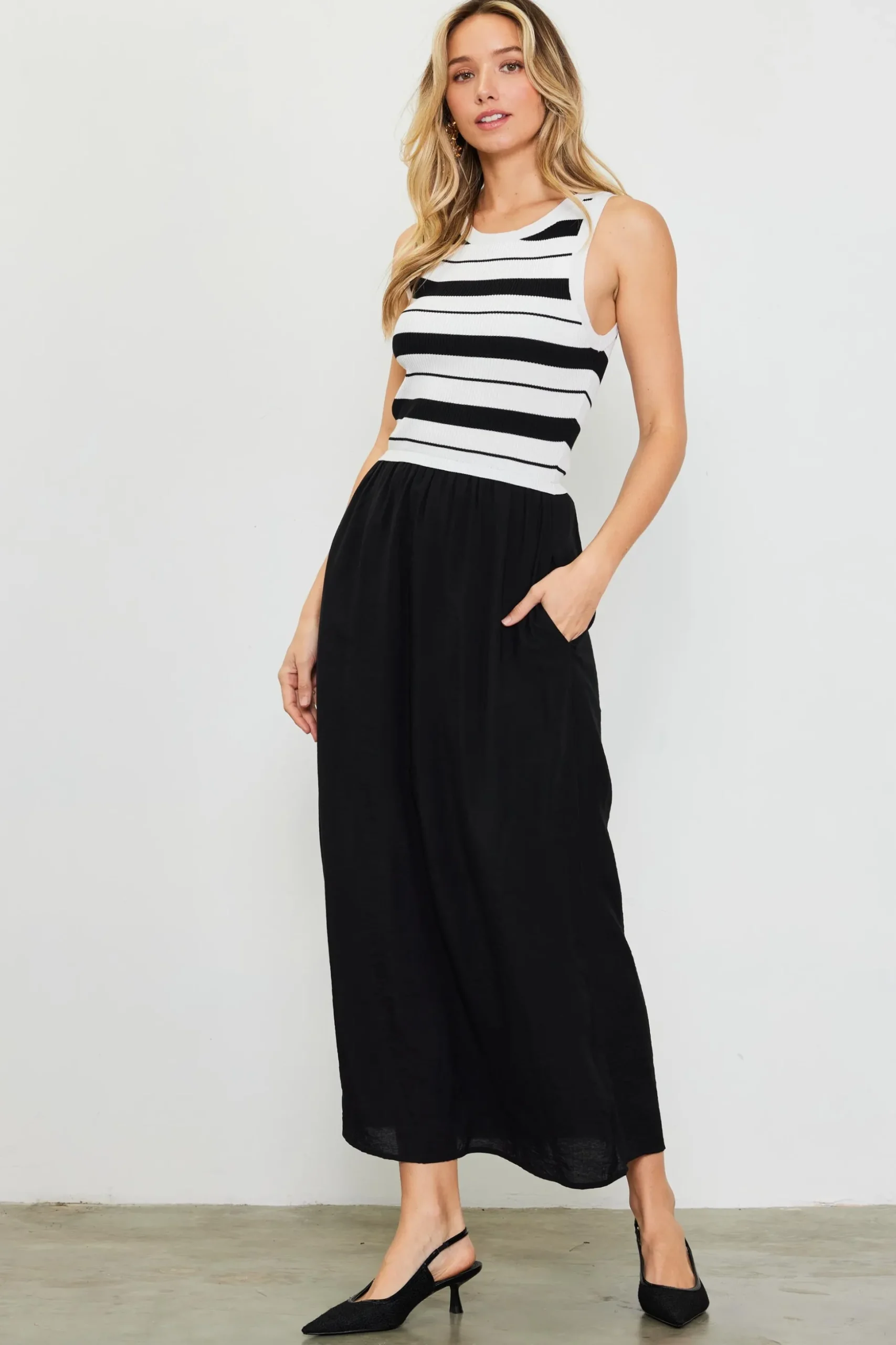 Mixed Media Striped Sleeveless Midi Dress