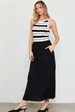Mixed Media Striped Sleeveless Midi Dress