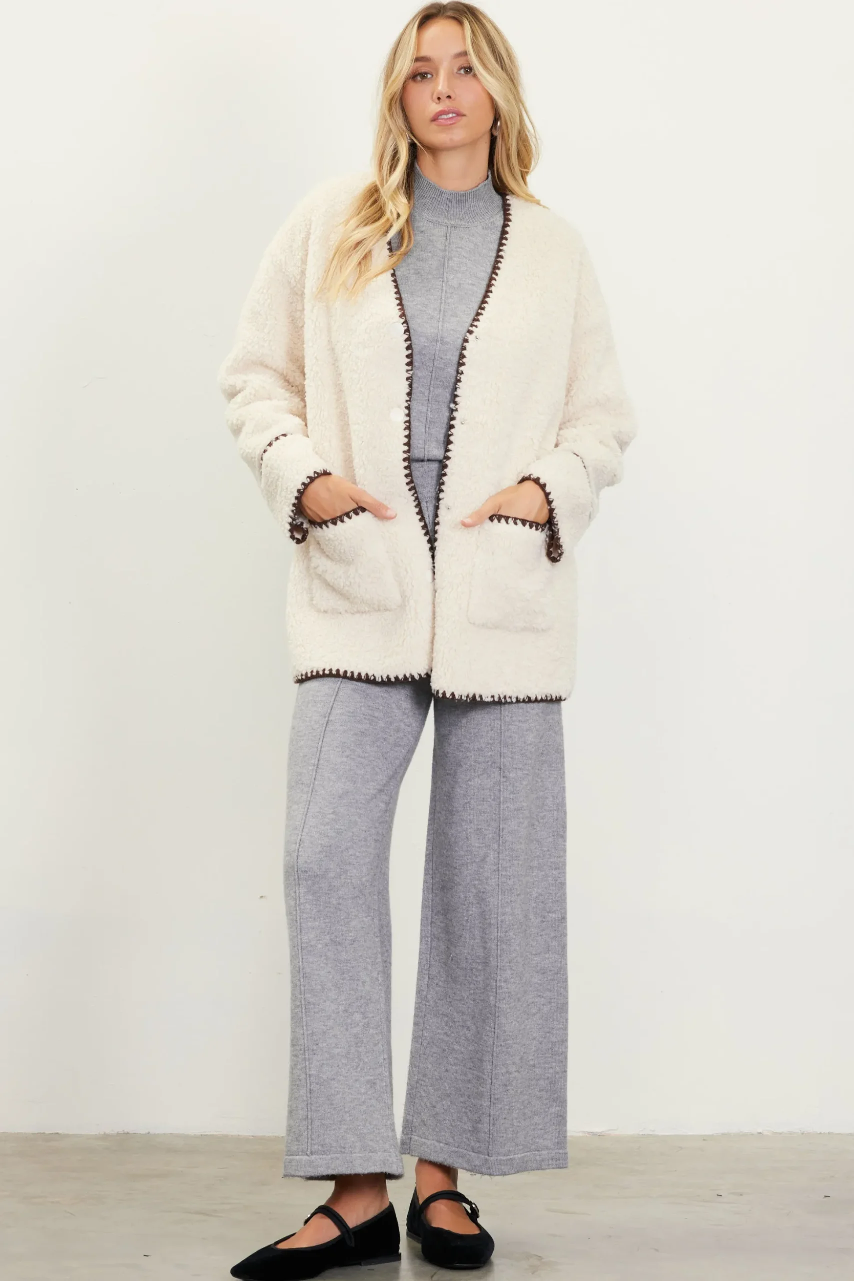 Noelle Contrast Stitch Detail Sherpa Coat