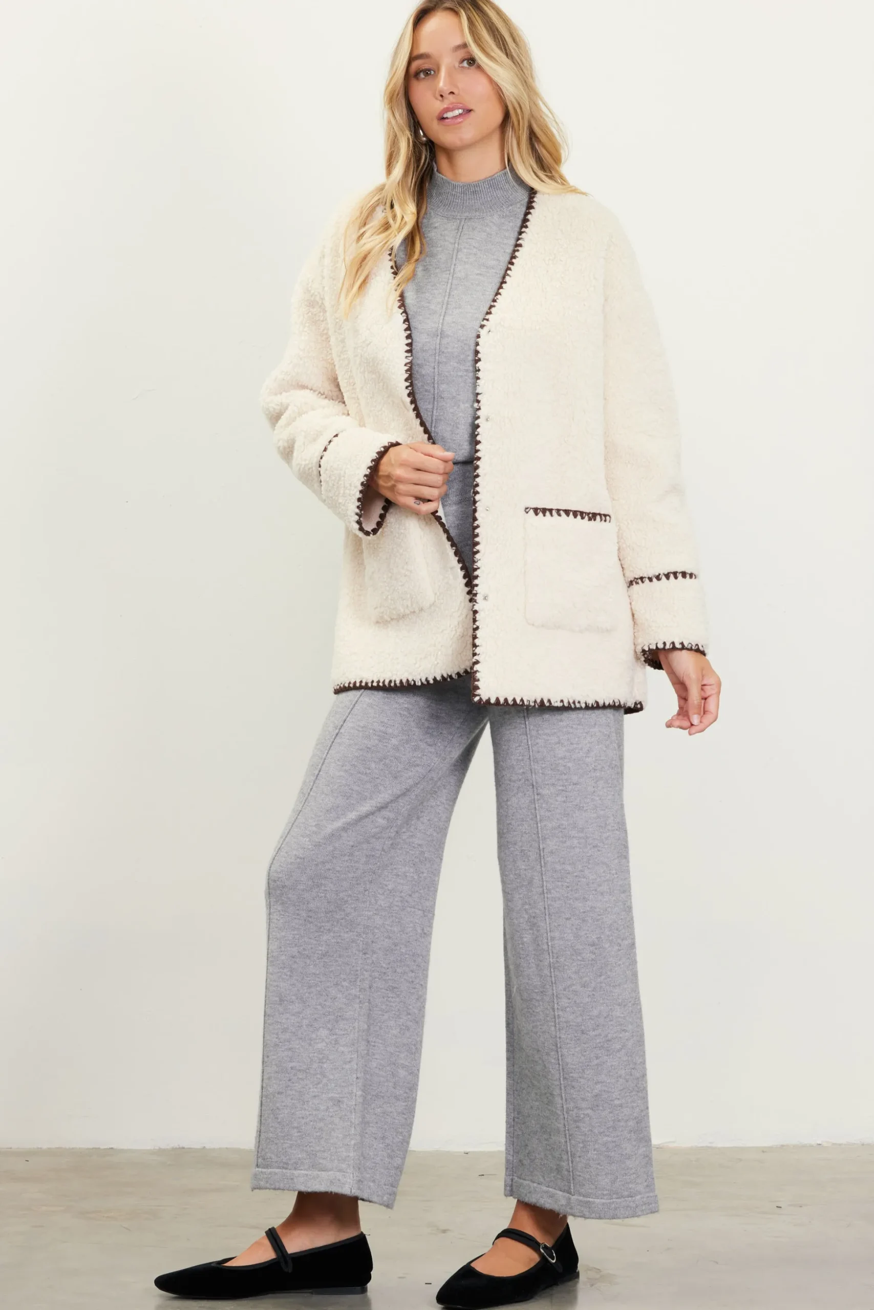 Noelle Contrast Stitch Detail Sherpa Coat