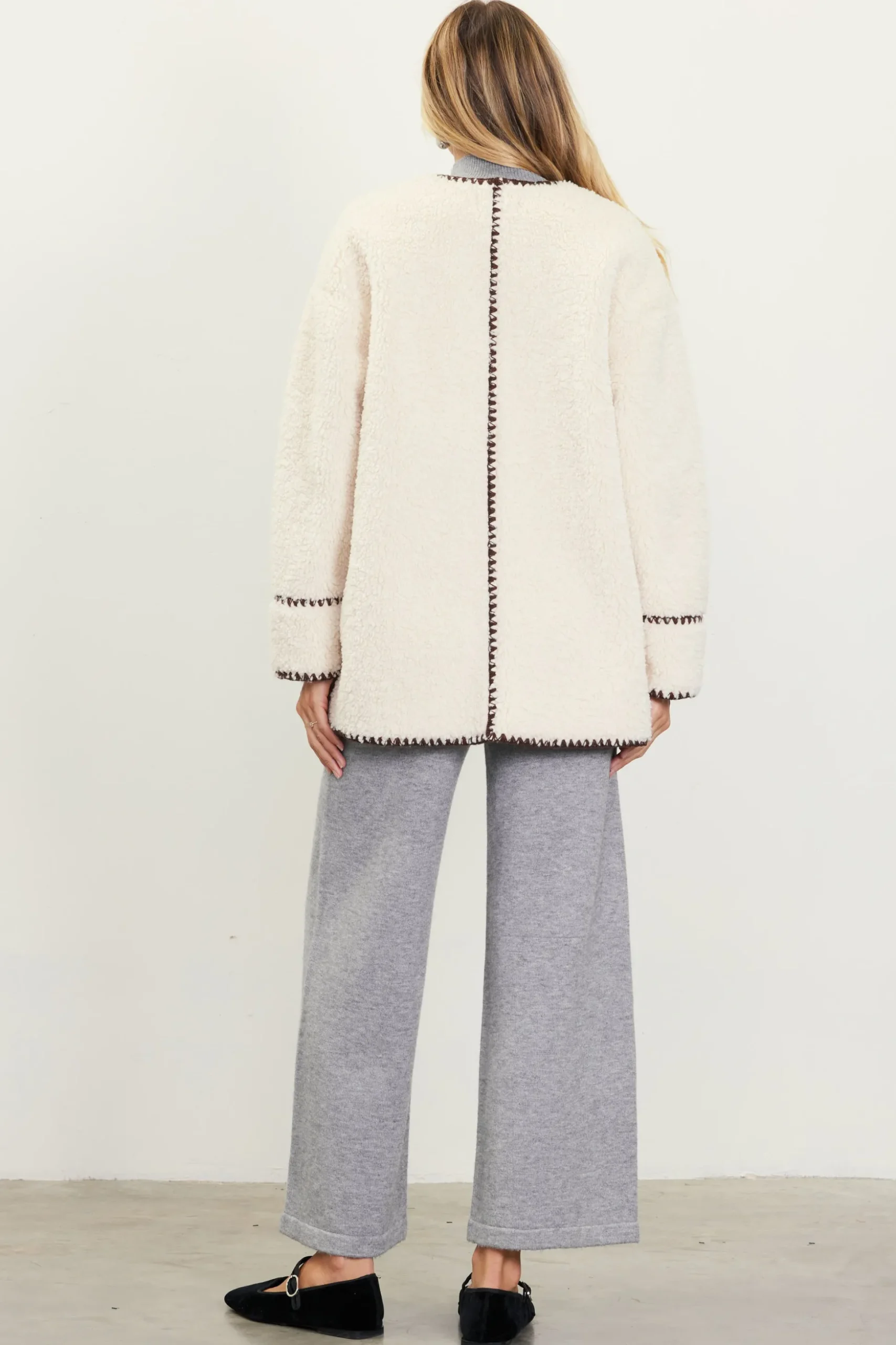 Noelle Contrast Stitch Detail Sherpa Coat