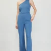 One Shoulder Denim Jumpsuit with Rosette