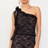 One Shoulder Ruffle Trim Lace Top
