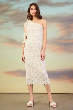 One Shoulder Ruffle Trim Lace Top