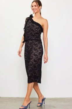 One Shoulder Ruffle Trim Lace Top