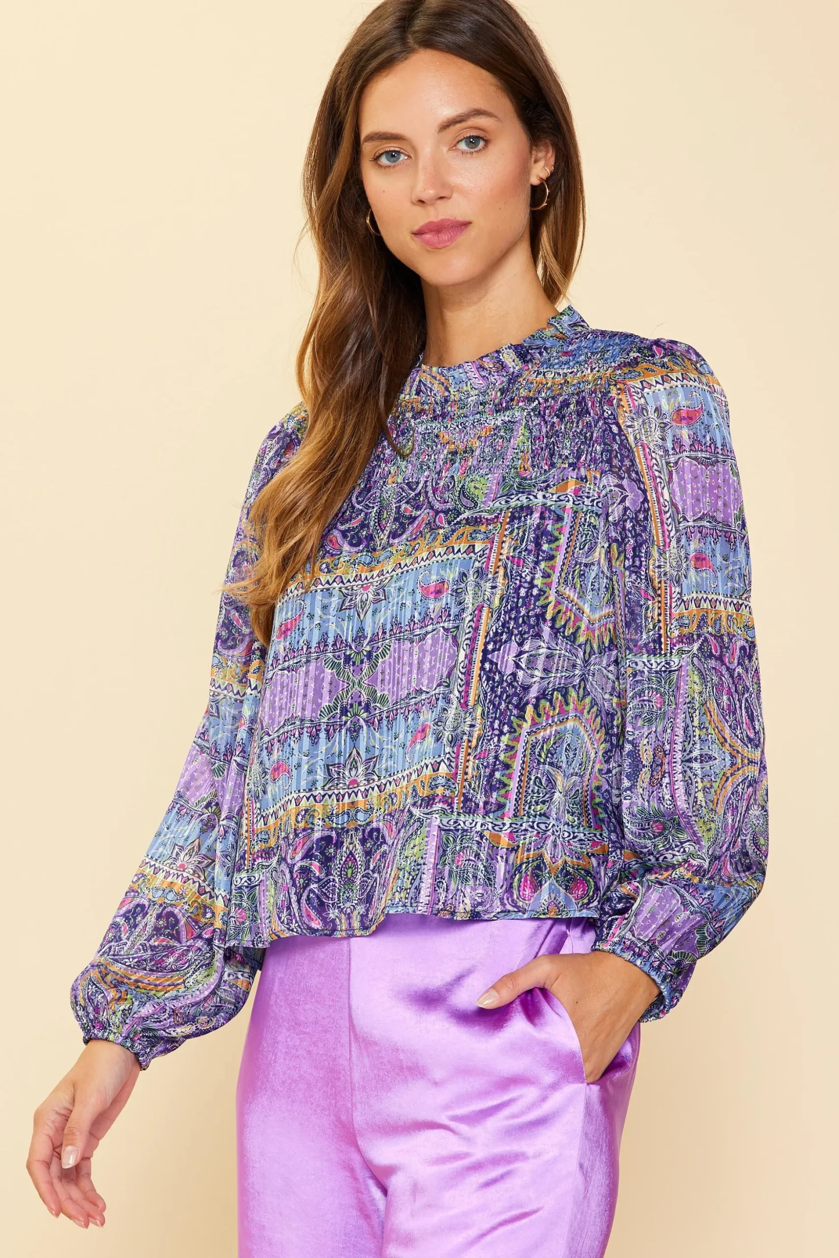 Paisley Motif Smocked Detail Top