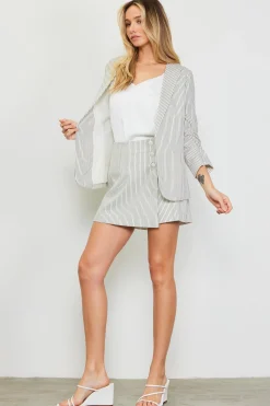 Pinstriped Shirred Sleeve Blazer