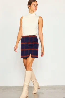 Plaid Front Slit Mini Skirt