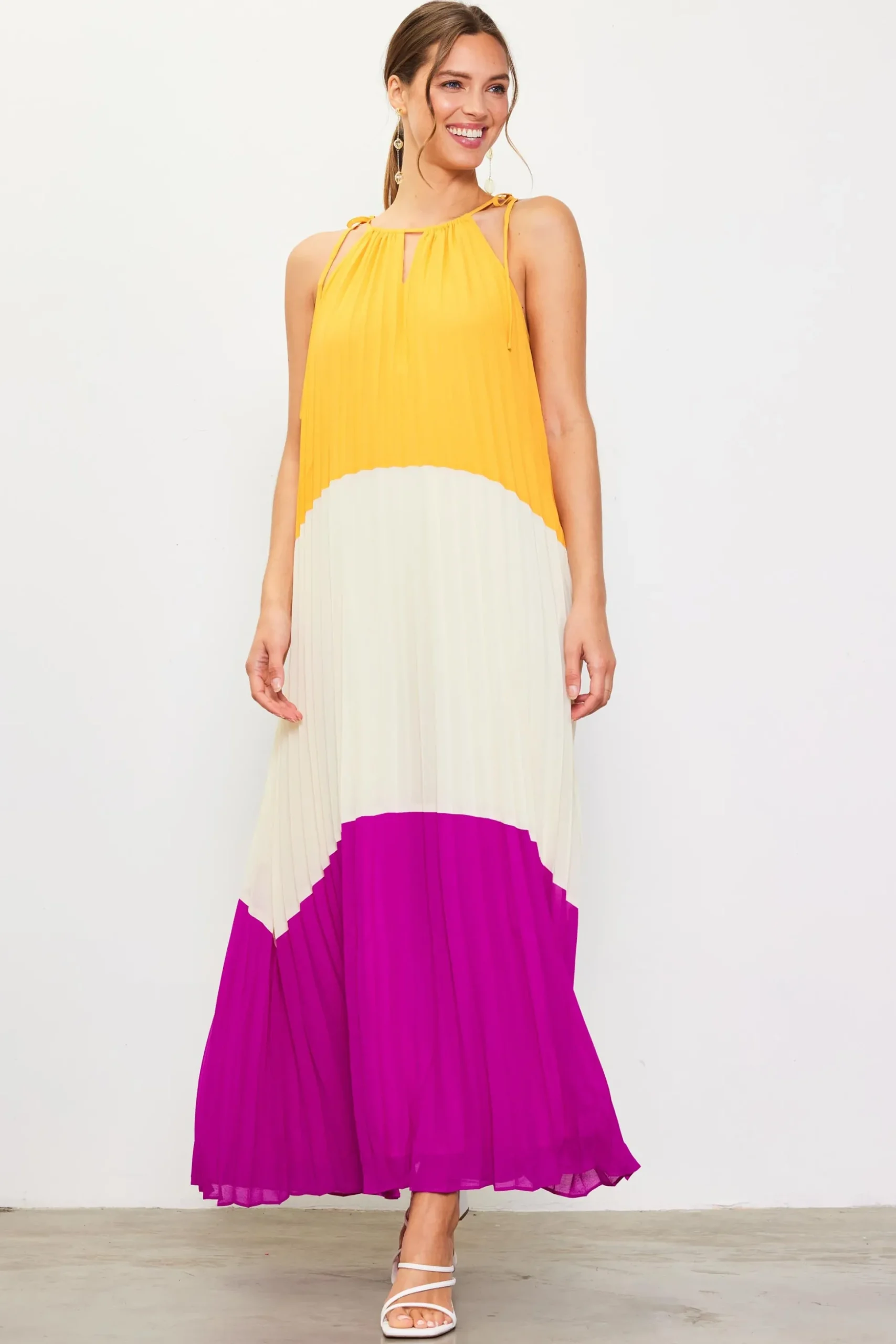 Pleated Color Block Maxi Dress
