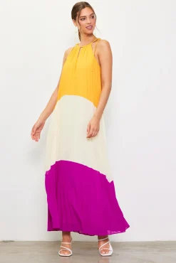 Pleated Color Block Maxi Dress
