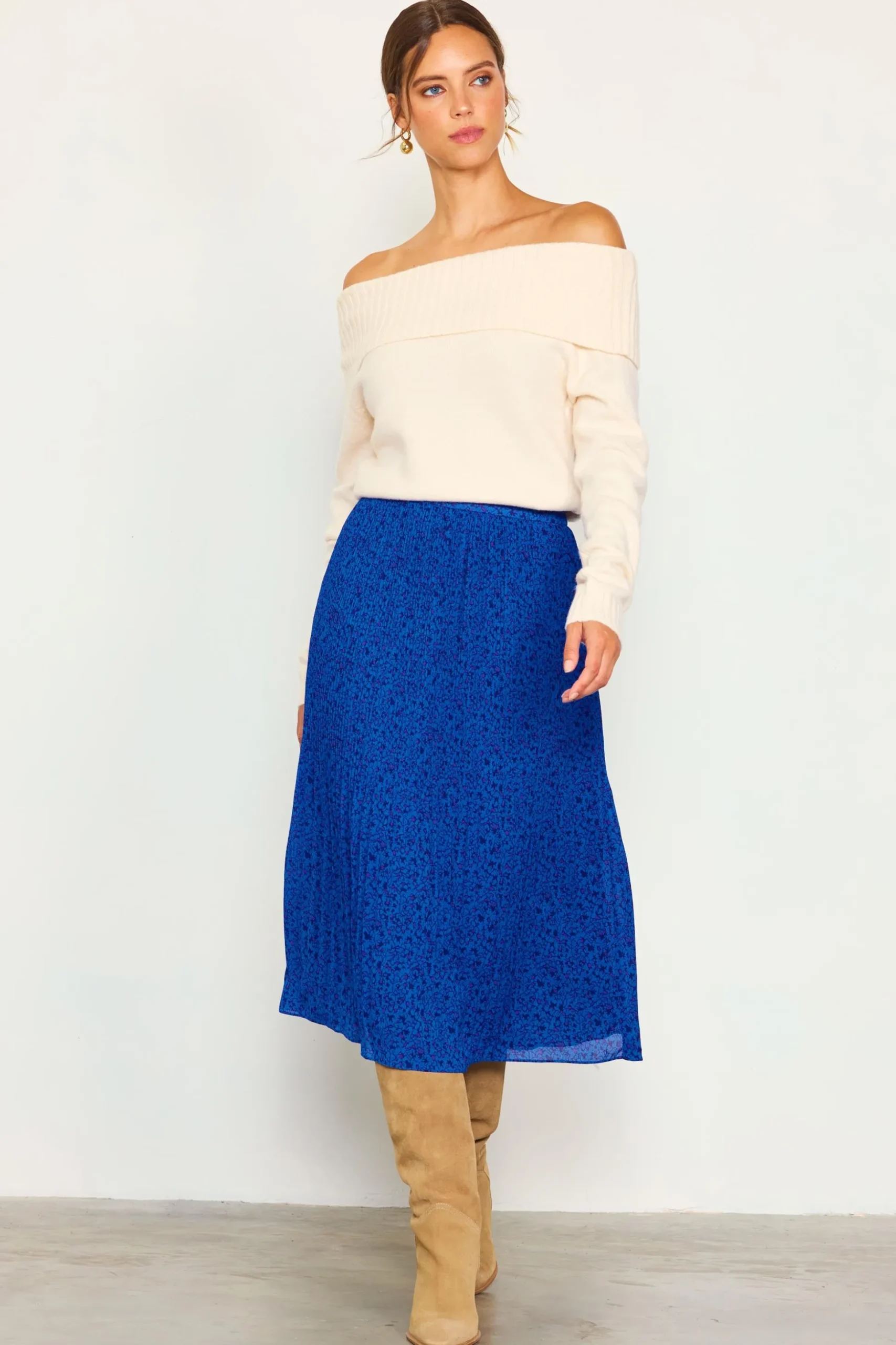 Pleated Floral Midi Skirt