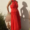 Pleated Halter Midi Dress