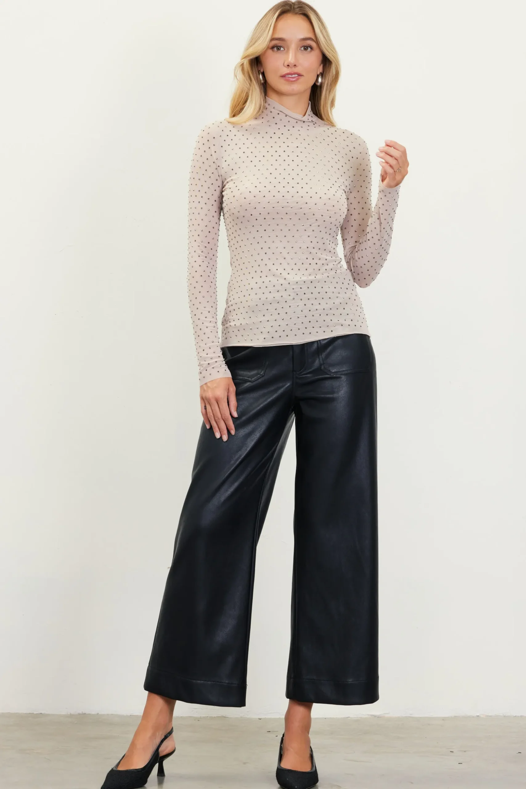 Rhinestone Mesh Mock Neck Top