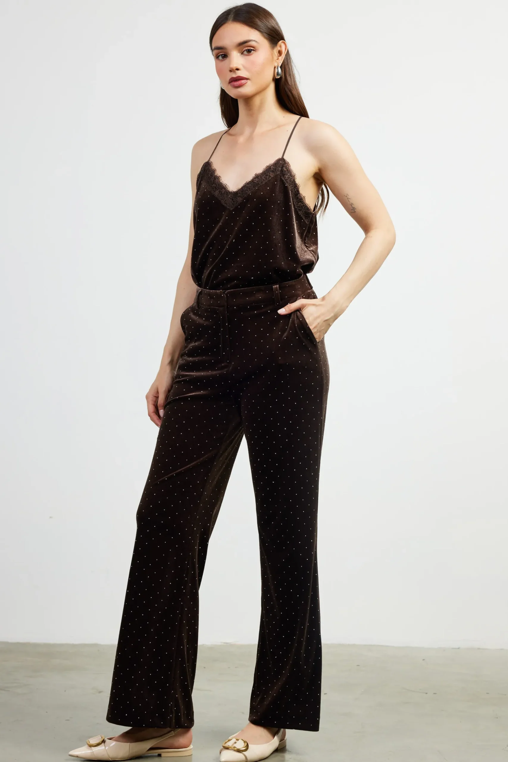 Rhinestone Velvet Flared Pants