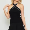 Ribbed Knit Cross Neck Sleeveless Top