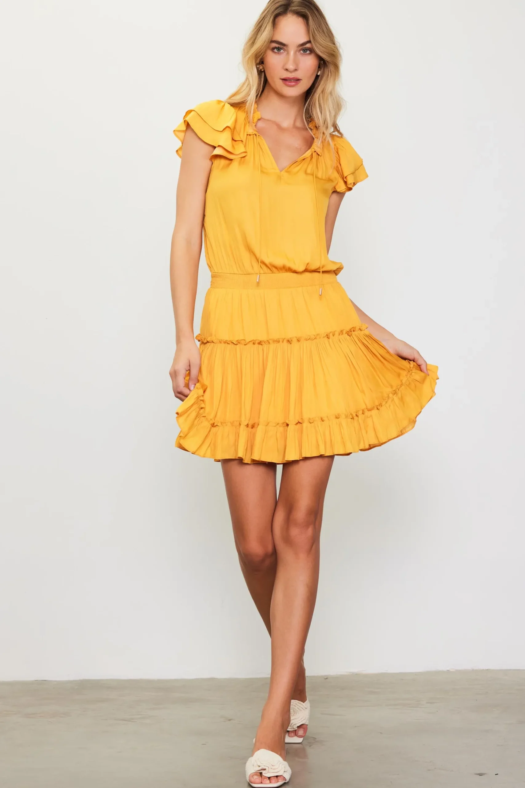 Satin Ruffled Sleeve Mini Dress