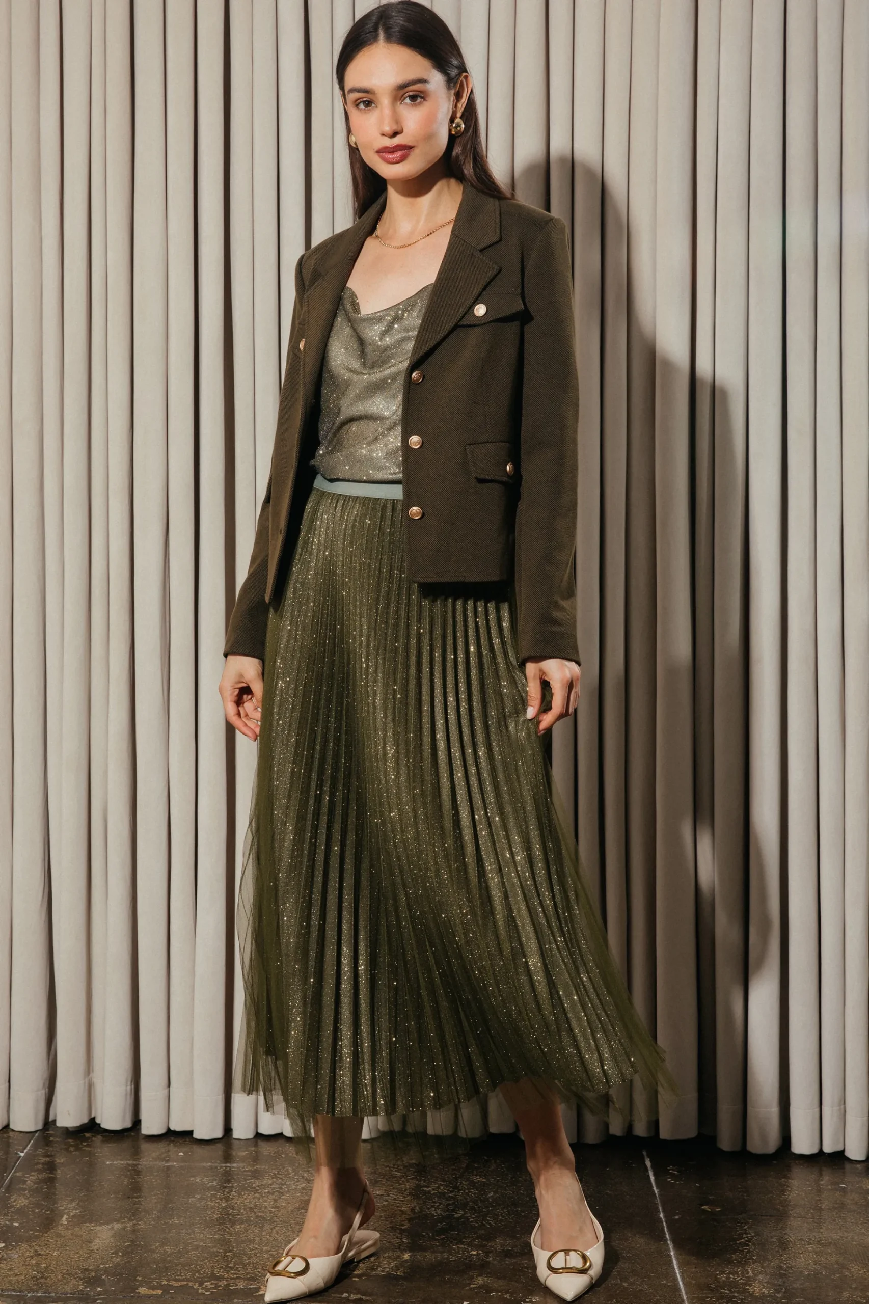 Shimmery Pleated Midi Skirt
