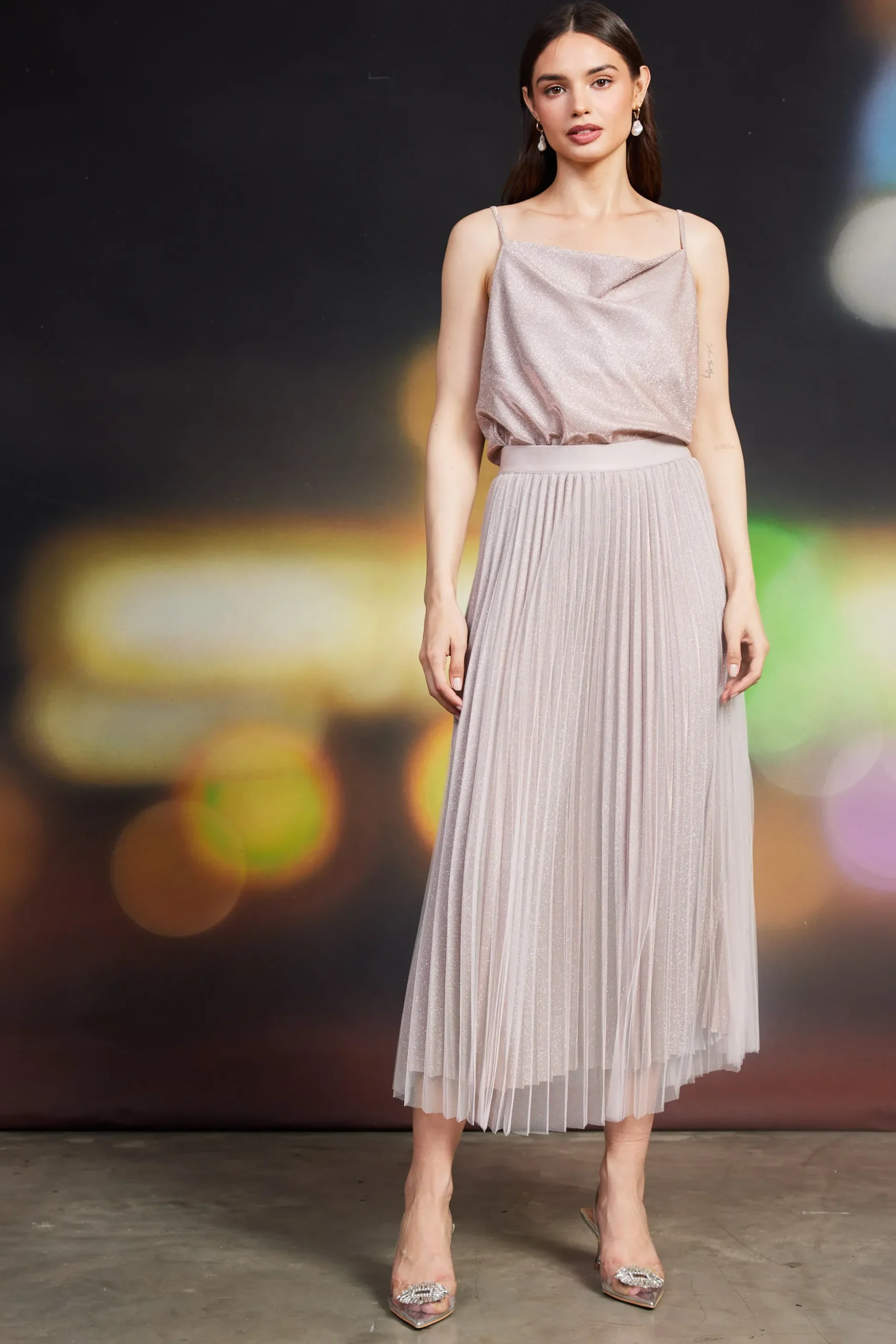 Shimmery Pleated Midi Skirt